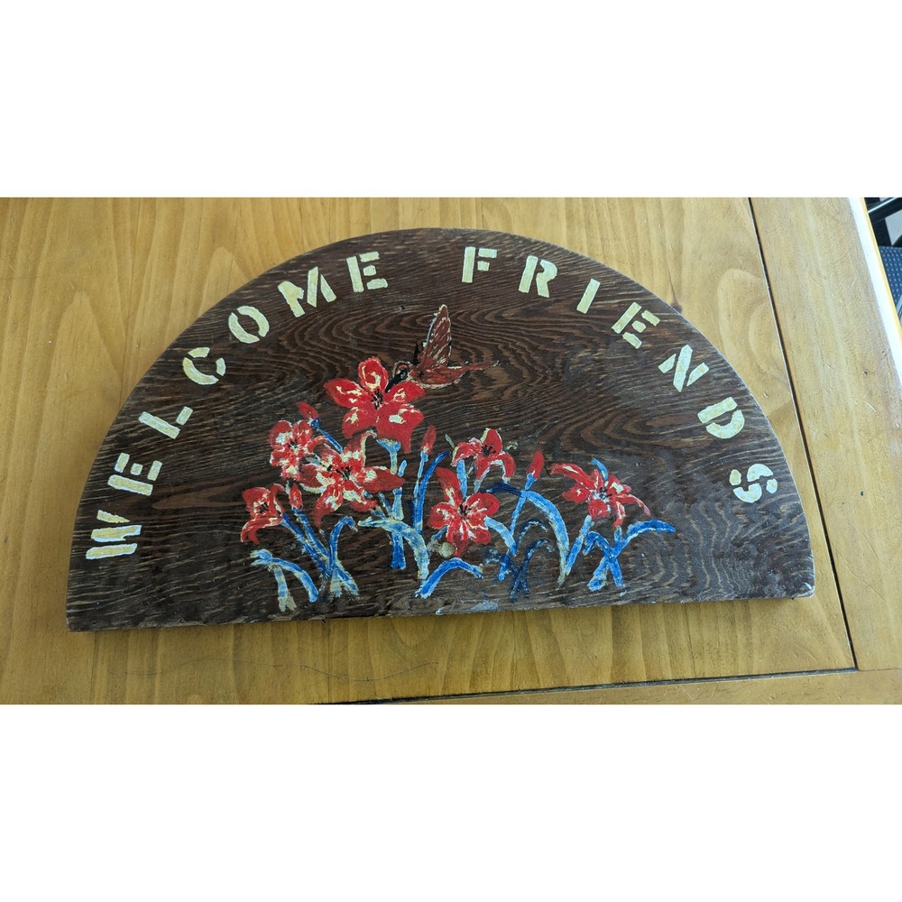 Vintage Hand Painted Welcome Friends Wood Sign Hummingbird Red Lilies Wall Decor